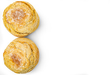 Round bread isolated on white background, top view