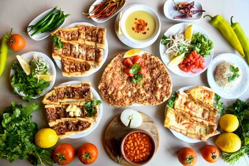 Delicious meat kebab with fresh vegetable salad served with variety of Turkish dishes and appetizers. Top view of assorted Turkish food and meze, tasty and healthy Mediterranean cuisine.