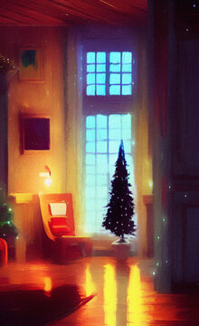 Cute living room decorated for Christmas illustration. Christmas or New Year cozy interior, digital painting wall art. Good for print, card, invitation, postcard, poser design. Christmas celebration.