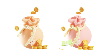 set collection 3D Money concept. money bag, coins stack and banknotes. isolated 3d render illustration