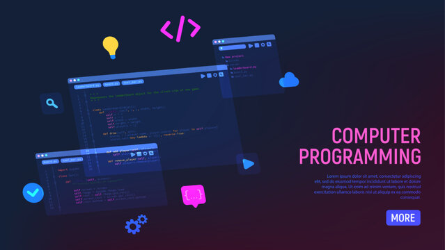 Concept of computer programming or developing software or game. Vector 3d illustration with coding symbols and programming windows. Concept of Information technologies and computer engineering.