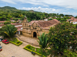 Aerial shot of old town in Colombia, drone view of Guane