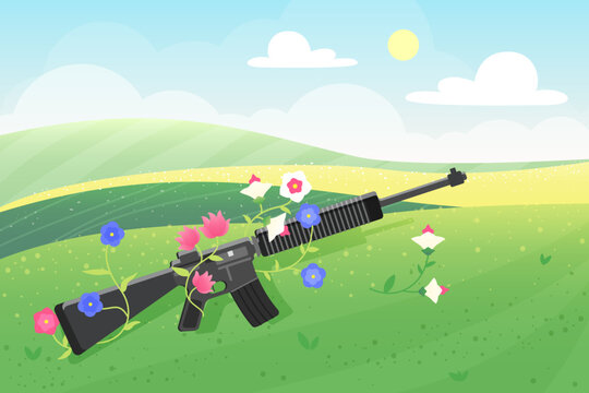 Wild flowers on gun, symbol of peace and love, stop war and terrorism, hippie antithesis vector illustration. Cartoon green spring grass landscape with trendy floral decoration on metal weapon