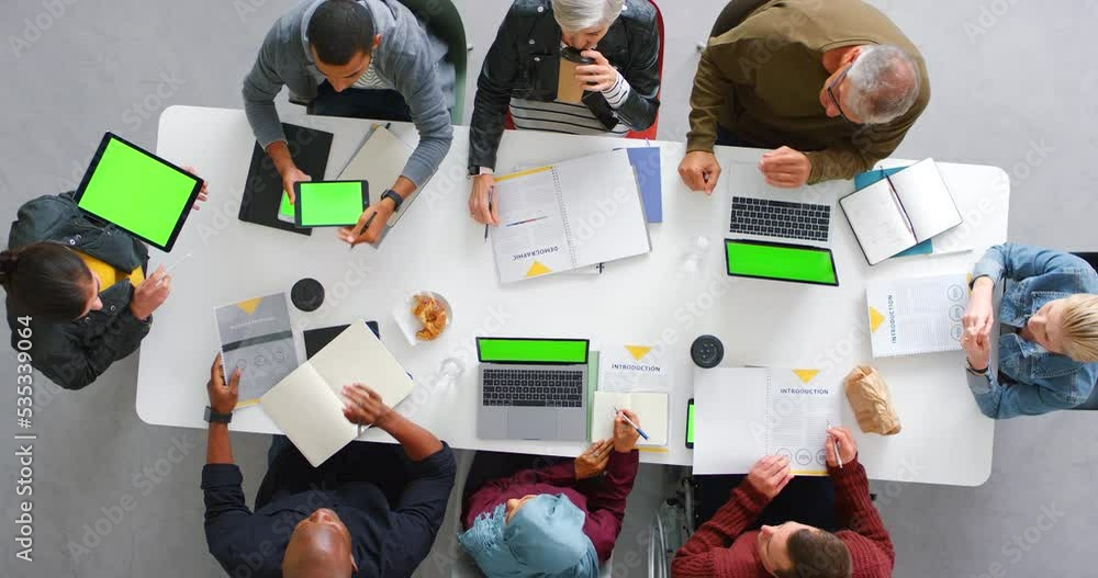 Poster technology green screen web design meeting from above with planning, collaboration and diversity bus