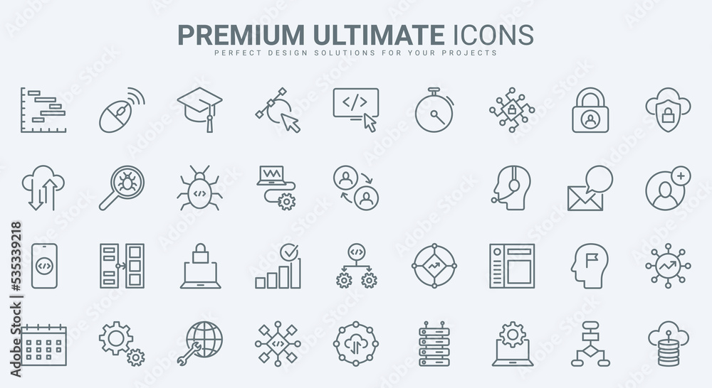Aufkleber Support for computer software, program code thin line icons set vector illustration. Outline maintenance of cloud service, data export, modify and synchronisation with server, antivirus programming