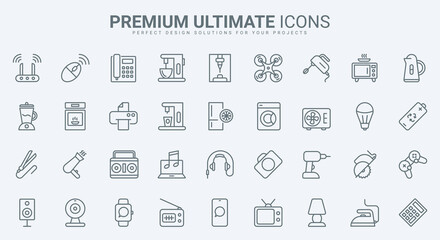 Kitchen and household appliances thin line icons set vector illustration. Outline domestic electric equipment collection with oven microwave kettle blender television fridge hairdryer symbols