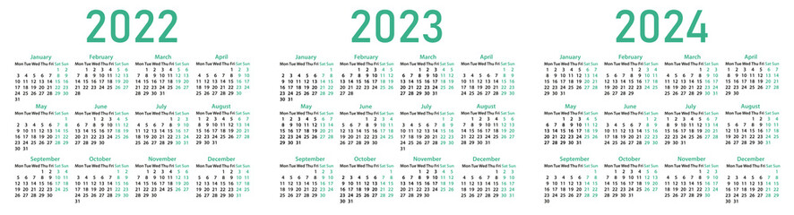 Fototapeta na wymiar English calendars 2022, 2023, 2024 on a white background. Calendar grids, pocket calendar. Vector illustration. The week starts on Monday. Vector illustration