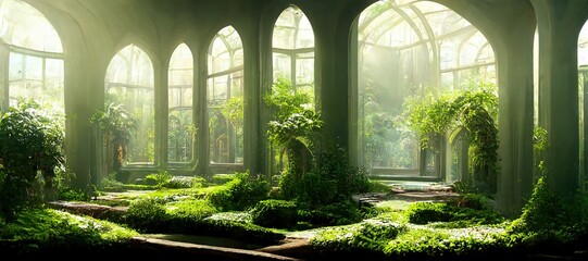 Raster illustration of a building with large stained-glass windows and arches. Mystical and mysterious rooms in green plants. 3D render. - obrazy, fototapety, plakaty