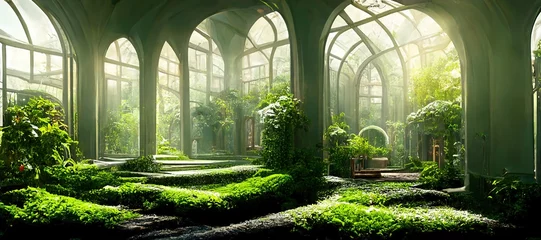 Poster Rasterillustratie van een gebouw met grote glas-in-loodramen en bogen. Mystieke en mysterieuze kamers in groene planten. 3D render. © DZMITRY