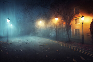 misty spooky street on Halloween night - obrazy, fototapety, plakaty