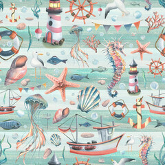 Sea animals, a lighthouse and a boat with shells, starfish and bubbles on the background of strips of wooden boards. Watercolor illustration. Seamless pattern from the SEA FISHING set.