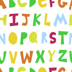 Vector seamless pattern of roughly carved multicolored alphabet letters