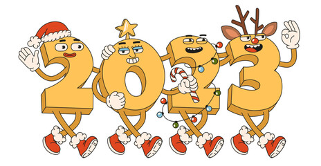 Happy New Year 2023. Numbers 2023 with Santa Claus hat, reindeerdeer antlers, star and garland in trendy retro cartoon style. Christmas background, calendar, greeting card, template, poster, print.