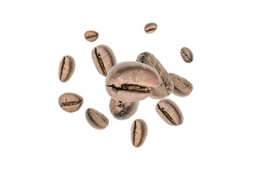 Coffee flying bean background. Black espresso grain falling. Rustic coffee bean fall on white background. Represent breakfast, energy, freshness or great aroma concept.