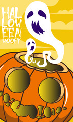 cartoon scary pumkin fruit character halloween with ghost on his head