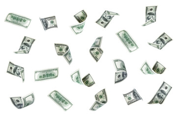 Money stack. Hundred dollars of America. Falling money isolated, us bill background.