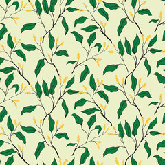 Seamless pattern, artistic botanical print with spring botany. Abstract arrangement of hand drawn plants, branches with small yellow flowers, green leaves on a light background. Vector illustration.