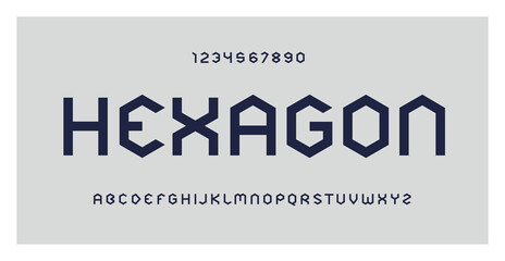 Hexagonal typography. Geometric font typeface, set of numbers and letters. Creative alphabet. Vector illustration. Capital lettering font family. For technology, gaming, and architecture subjects.