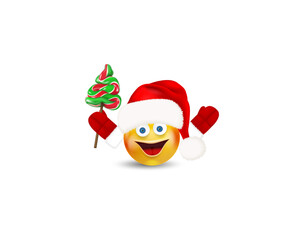 Happy emoticon wearing red santa claus hat and mittens holding sweet twisted christmas tree candy lollipop isolated on white background. Vector cartoon illustration.