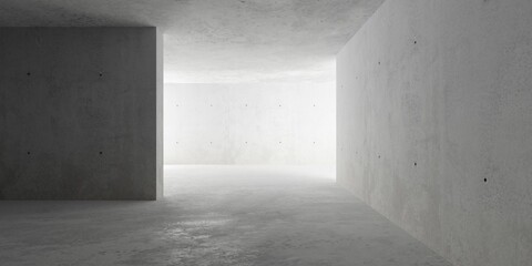 Abstract empty, modern concrete room with divider wall, indirect light from the back and rough floor - industrial interior background template