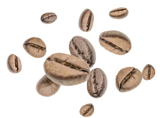 Coffee beans fall background. Black espresso coffee bean falling. Aromatic grain flying isolated on white. Concept for coffee product advertising.