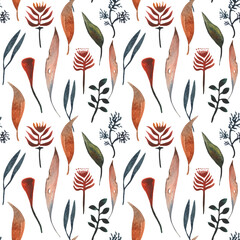 Hand drawn watercolor seamles pattern with autumn leaves, dried flowers. For design on the theme of Halloween, Thanksgiving, autumn farm fairs