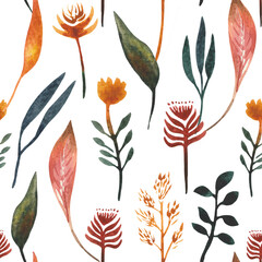 Hand drawn watercolor seamles pattern with autumn leaves, dried flowers. For design on the theme of Halloween, Thanksgiving, autumn farm fairs