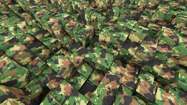 Abstract ultra wide angle camera looping 3D animation of the moving khaki camouflage military pattern rectangular poles rendered in UHD as motion background