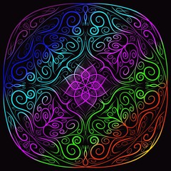 Mandala, handmade illustration of a full color mandala with black background, handmade illustration.