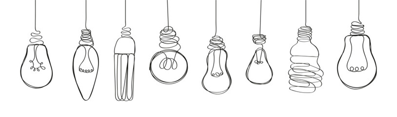 Light bulb set vector in line, dodle style. Hand drawn electrical lamps, bulbs. Process of solving, unleashing problems. Brainstorming vector concept.