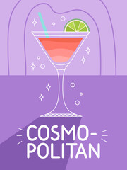 Cosmopolitan cocktail in glass with ice. Classic summer alcohol drink illustration square card. Minimal poster with alcoholic beverage. Vector bright illustration.Wall decoration, prints, poster