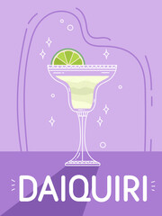 Daiquiri cocktail in glass with ice. Classic summer alcohol drink illustration square card. Minimal poster with alcoholic beverage. Vector bright illustration.Wall decoration, prints, poster