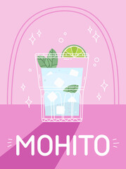 Mojito cocktail in glass with ice. Classic summer alcohol drink illustration square card. Minimal poster with alcoholic beverage. Vector bright illustration.Wall decoration, prints, poster