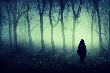 A dark scary concept. Of a mysterious figure, walking through a forest. Silhouetted against trees in a forest. With a grunge, textured edit.