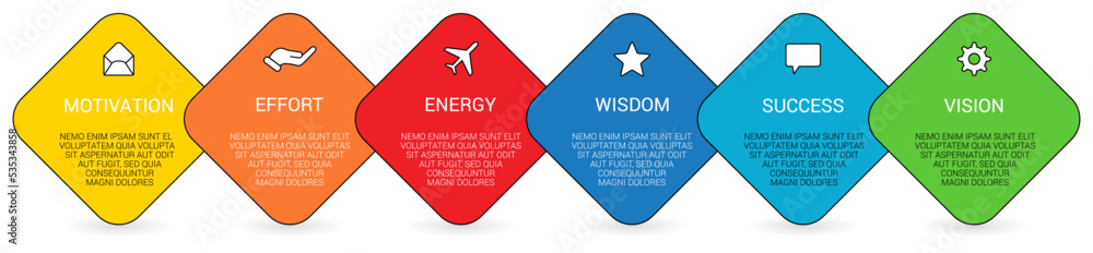 Poster six rotated squares on the bias arranged next to each other, can be used as infographics element ill