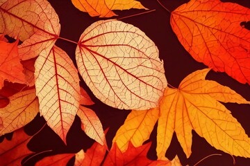 Beautiful autumn leaves on autumn red background sunny daylight horizontal toning