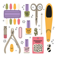 Cartoon manicure salon nail care routine. Various manicure supplies, equipment, tools. Nail scissors, nail file, tweezers, nail polish, hand cream, brush.
