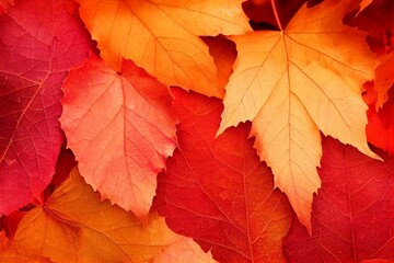 Naklejka na ściany i meble Beautiful autumn leaves on autumn red background sunny daylight horizontal toning