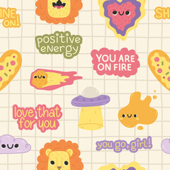 Kids friendly seamless pattern with cute cartoon motivation quotes, lion, ufo, comet, heart, spot in the background in a cage in japan kawaii style with smile.