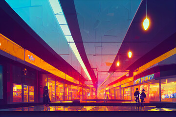 anime game art background, a futuristic shopping center, generative ai