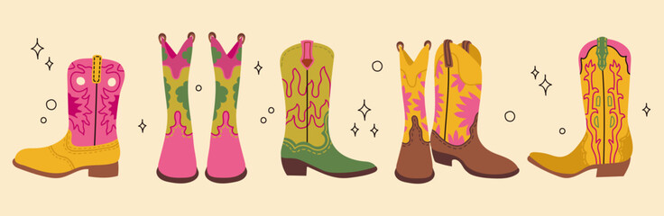 Cowboy western theme wild west concept. Various cowboy boots. Wild West Clipart icons. Hand drawn colored Vector set. All elements are isolated.Hand drawn colored flat vector illustration.