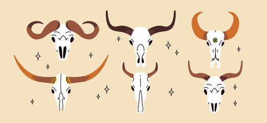 Set of animal skulls in hand draw style. Front views of engraving scary skeletons of cow, buffalo, deer. Vector illustration isolated on white background. Wild West atmosphere