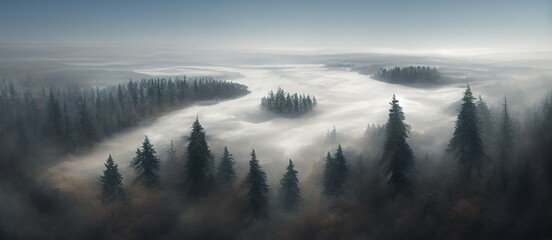 Wallpaper moody forest landscape with fog and mist, Generative AI