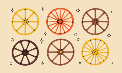 Cowboy western theme wild west concept.Hand drawn colorful vector set. Elements are isolated.Different set of wooden wheels. Hand drawn colored flat vector illustration.