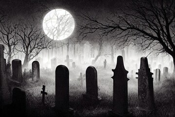 Zombie Rising Out Of A Graveyard In Spooky Night, cemetery