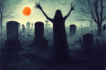 Zombie Hand Rising Out Of A Graveyard In Spooky Night, cementery 