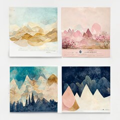 set of Abstract Arrangements. Landscapes, mountains. Posters. Blush, pink, blue, navy, ivory, beige, gold watercolor Illustration, background. Modern print set. Wall art. Business card. Printable