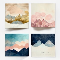 set of Abstract Arrangements. Landscapes, mountains. Posters. Blush, pink, blue, navy, ivory, beige, gold watercolor Illustration, background. Modern print set. Wall art. Business card. Printable