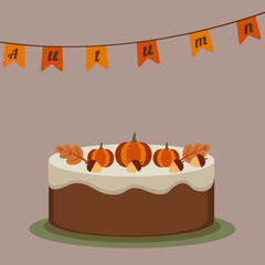 Autumn card design with a cute Cake and Pumpkin, Acorn. I deal with posters, postcards, invitations, and banners.