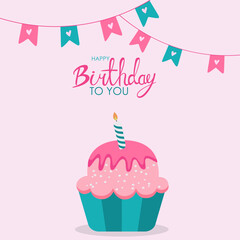 Happy  Birthday  To You card design with a cute Cupcake and  Candle